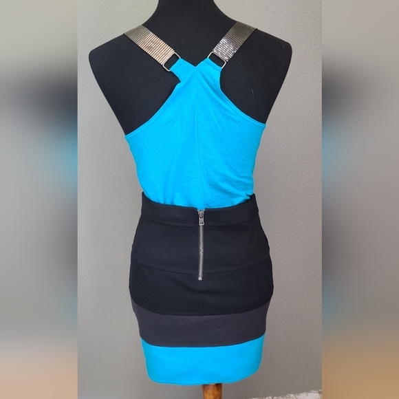 Vintage Candies Two Piece Top and Mini Skirt Set Teal and Black Metal Strap - Picture 3 of 12